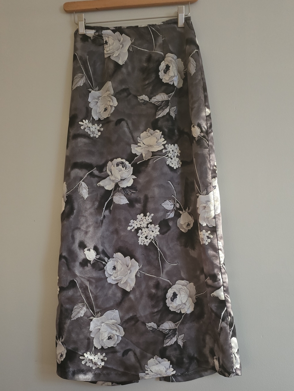 Satin Floral Maxi Skirt in Gray and White